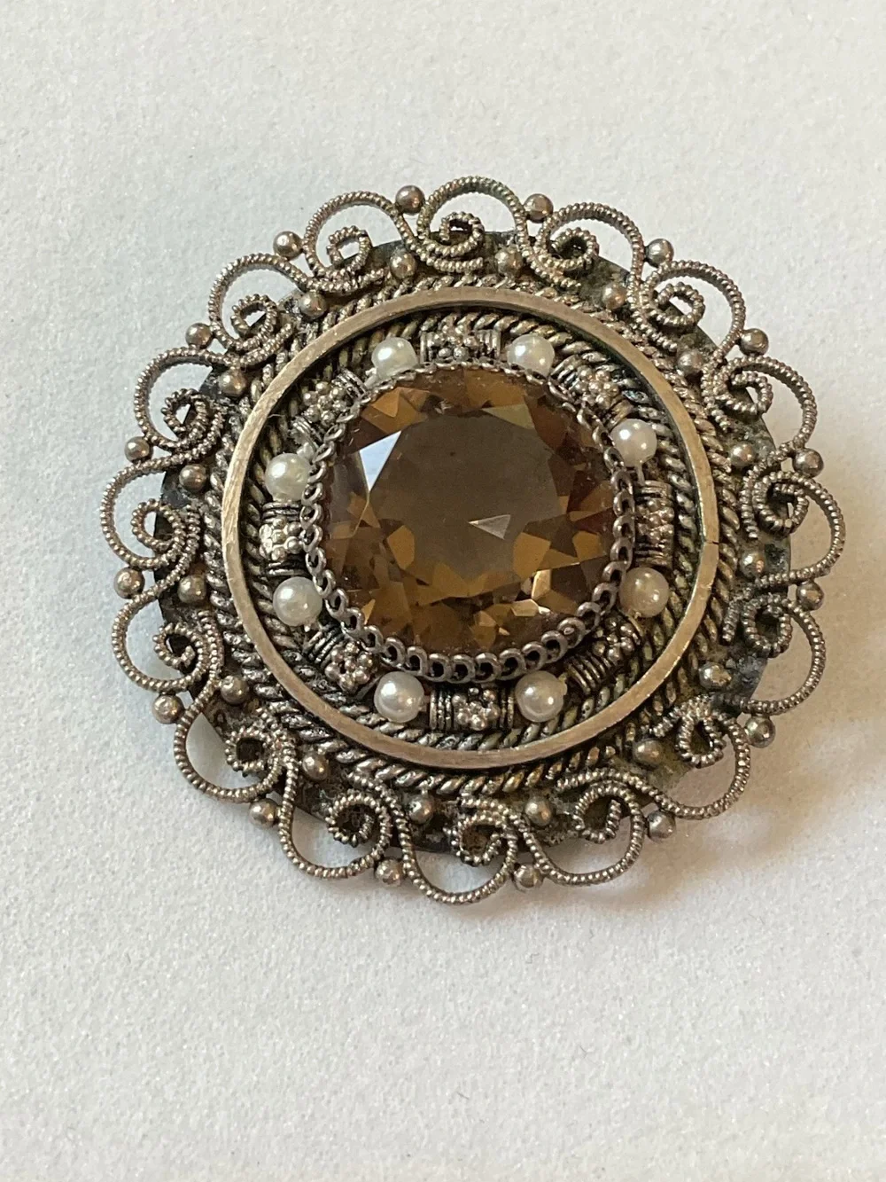 Vintage Israel Sterling Silver Smoky Quartz Filigree Brooch Pendant